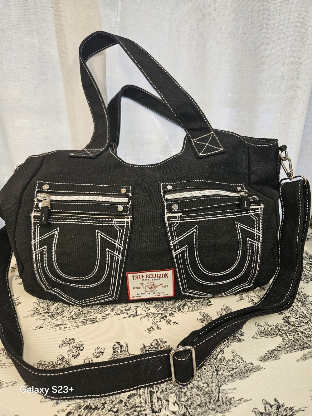 True Religion Black Canvas Crossbody Bag with White Stitching